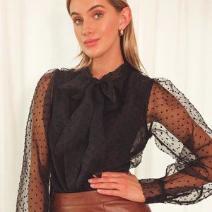 Majorly Chic Black Swiss Dot Organza Button-Up Tie-Neck Top Lulus